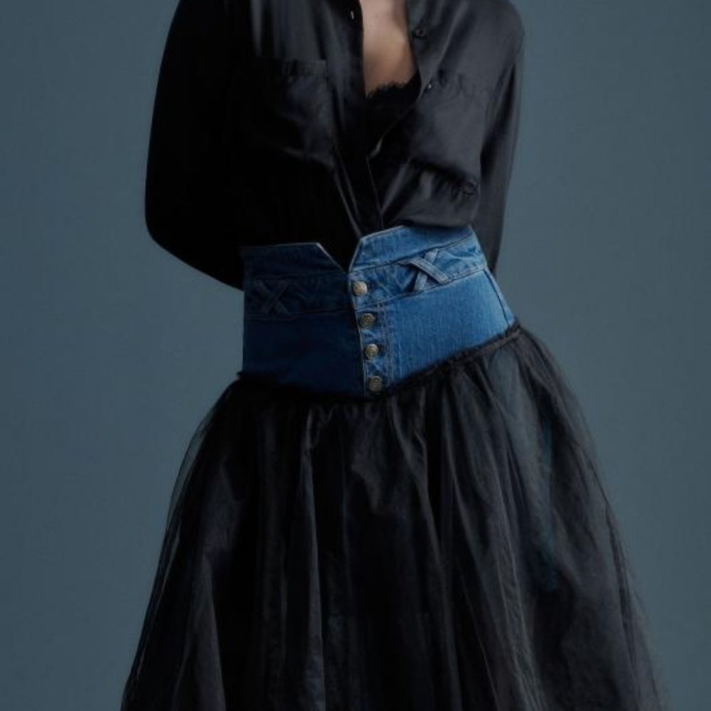 Anthropologie Pilcro Denim and Black Tulle Skirt